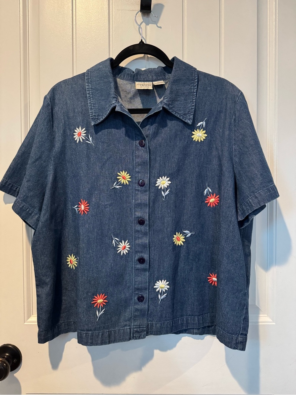 Allison Daley Dark Denim Button-Down with Multicolor Daisy Embroidery Petite Lg